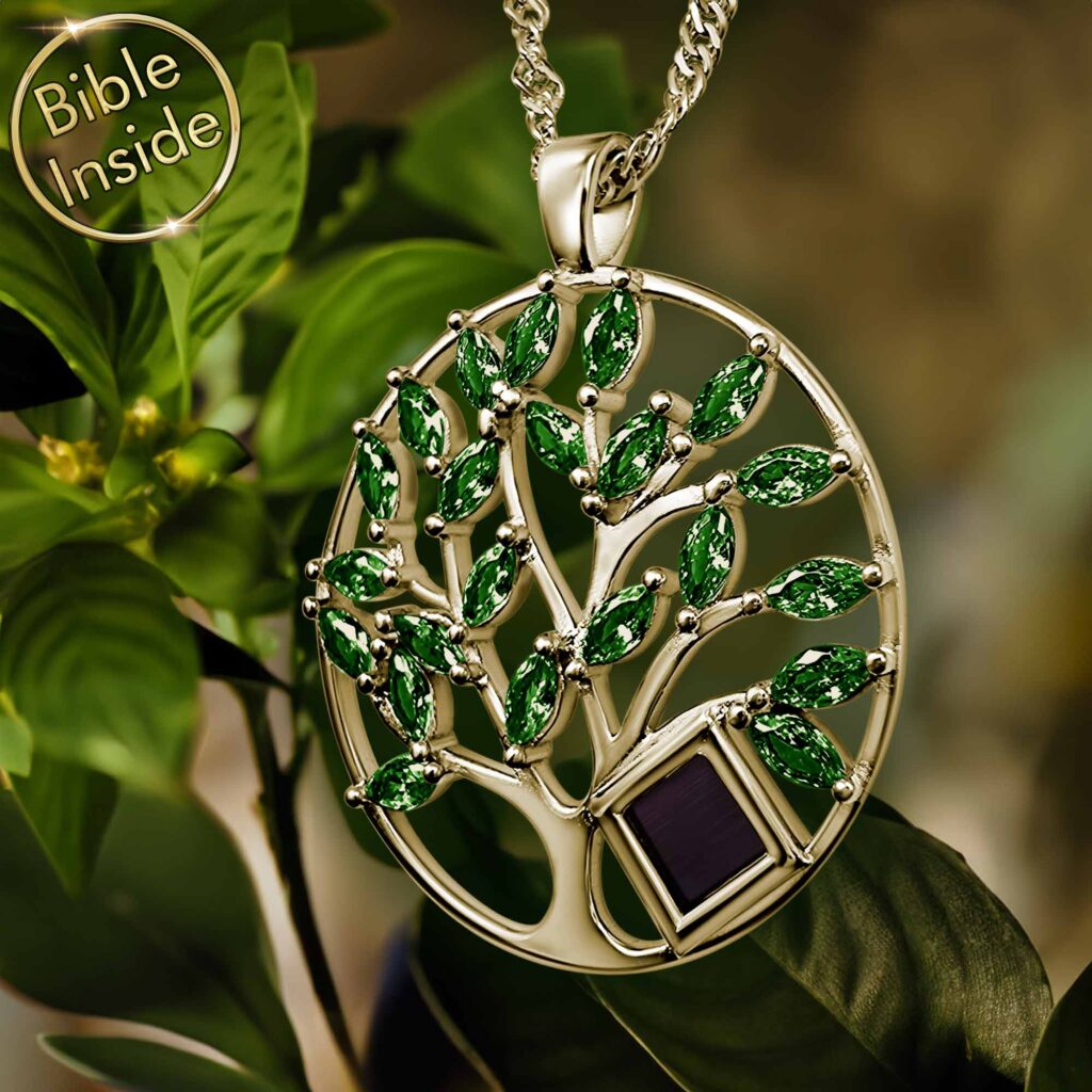 Gold Tree Pendant With Scripture Text Magnified Inside My Nano Jewelry